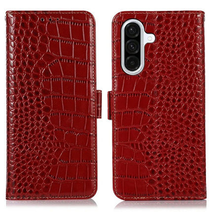 For Samsung Galaxy A36 5G Case Crocodile Texture Genuine Cow Leather Phone Wallet Cover - Red