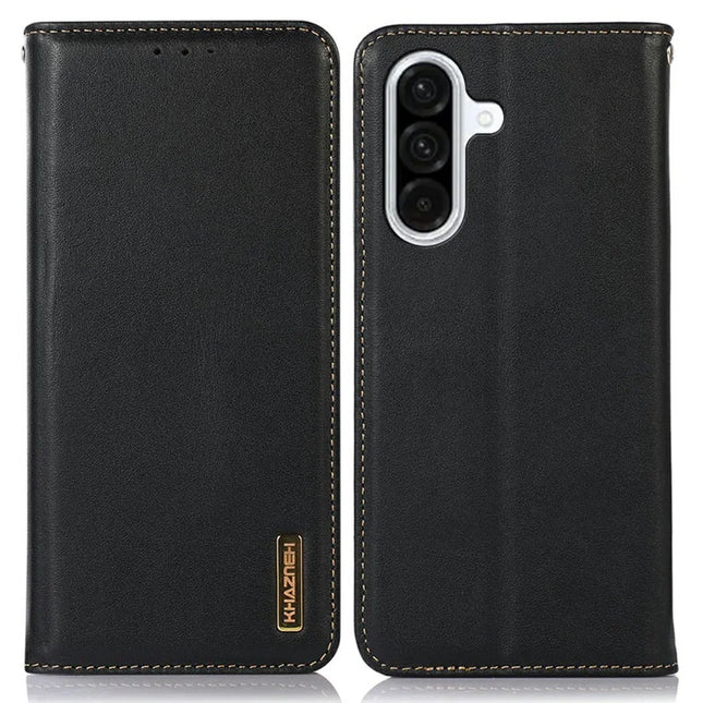 KHAZNEH For Samsung Galaxy A36 5G Case Genuine Cow Leather Wallet Phone Cover Nappa Texture - Black