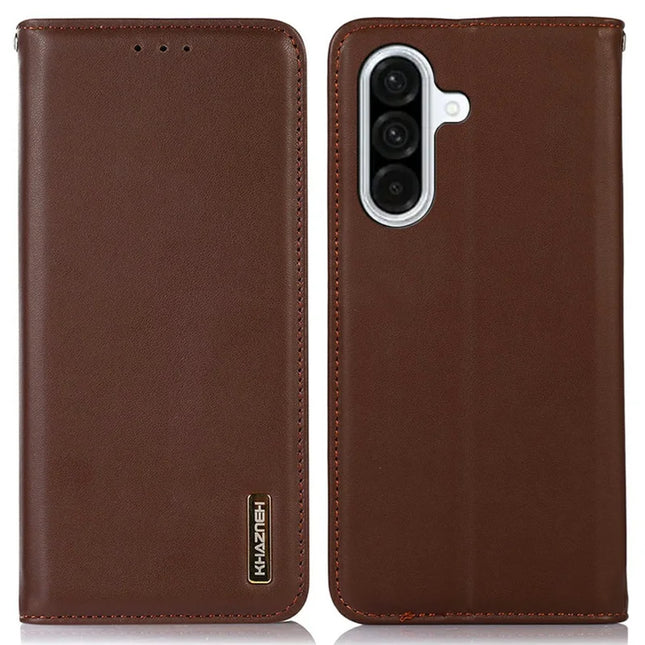 KHAZNEH For Samsung Galaxy A36 5G Case Genuine Cow Leather Wallet Phone Cover Nappa Texture - Brown