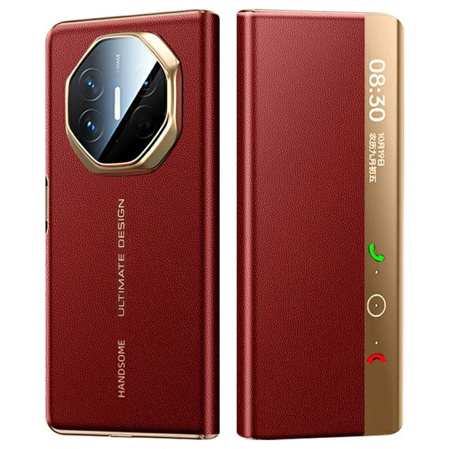 For Huawei Mate X5 Case View Window Genuine Cow Leather Smart Phone Cover - Red+Gold