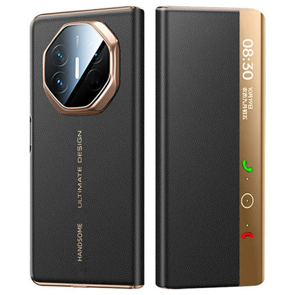 For Huawei Mate X5 Case View Window Genuine Cow Leather Smart Phone Cover - Black+Gold