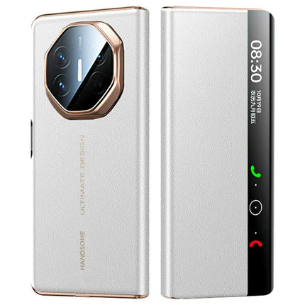 For Huawei Mate X5 Case View Window Genuine Cow Leather Smart Phone Cover - White