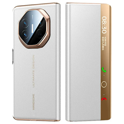 For Huawei Mate X5 Case View Window Genuine Cow Leather Smart Phone Cover - White+Gold