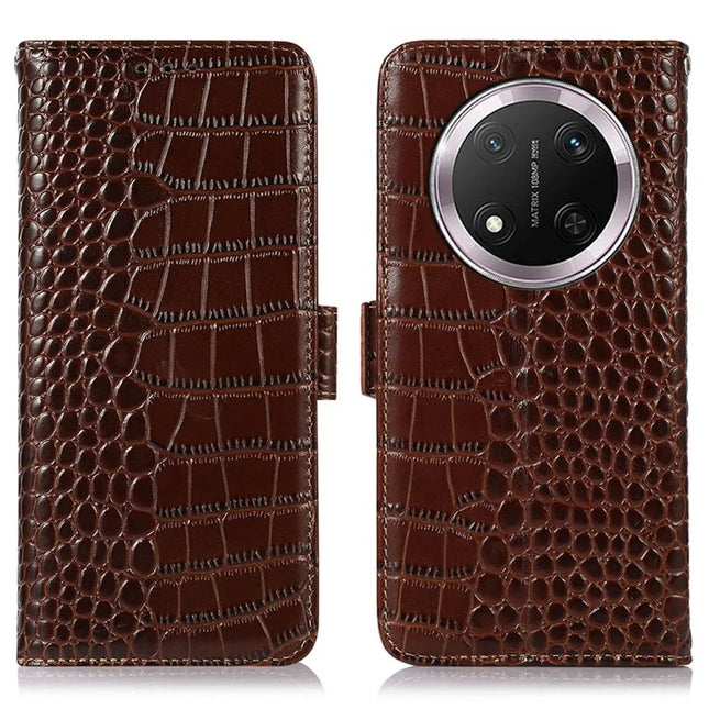 For Honor Magic7 Lite 5G / X9c 5G / X60 Pro 5G Case Crocodile Texture Genuine Cow Leather Phone Wallet Cover - Brown