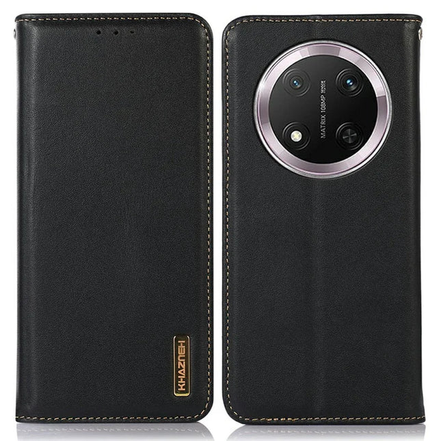 KHAZNEH For Honor Magic7 Lite 5G / X9c 5G / X60 Pro 5G Case Genuine Cow Leather Wallet Phone Cover Nappa Texture - Black