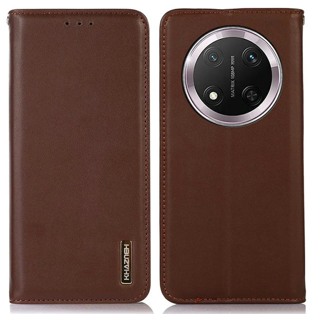KHAZNEH For Honor Magic7 Lite 5G / X9c 5G / X60 Pro 5G Case Genuine Cow Leather Wallet Phone Cover Nappa Texture - Brown