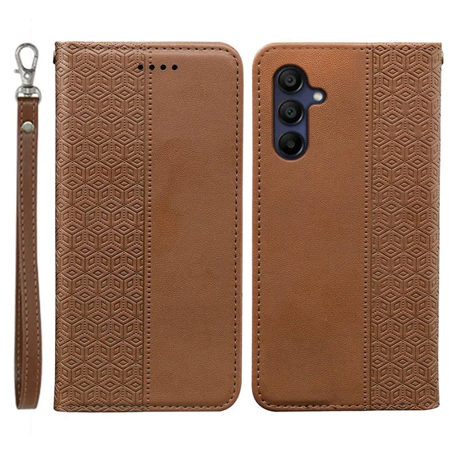 For Samsung Galaxy A26 5G Wallet Phone Case Strong Magnetic Checkered Pattern Imprint Leather Flip Cover - Brown