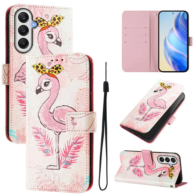 For Samsung Galaxy A05s 4G Case Pattern Printing Wallet Phone Cover with Strap - Flamingo