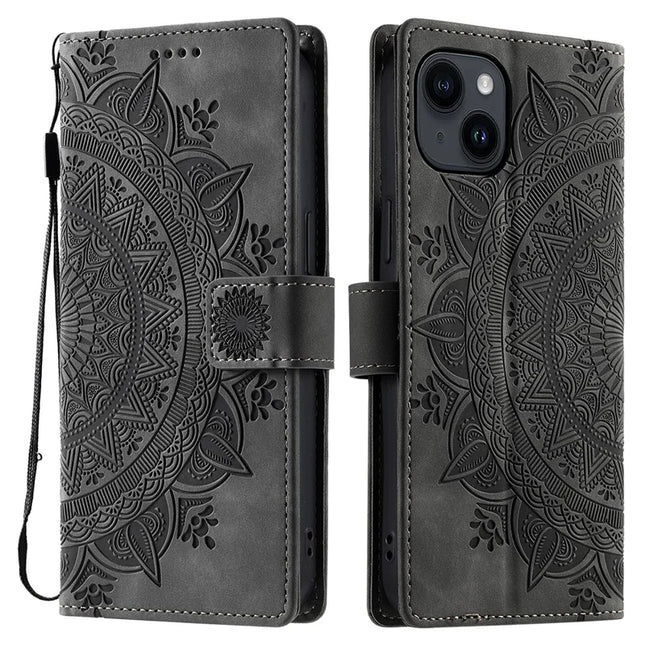Style 018 For iPhone 13 Case Imprinted Totem Skin Feel Wallet Leather Phone Cover - Grey