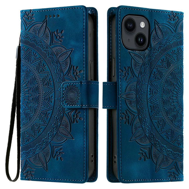 Style 018 For iPhone 13 Case Imprinted Totem Skin Feel Wallet Leather Phone Cover - Blue