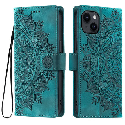 Style 018 For iPhone 13 Case Imprinted Totem Skin Feel Wallet Leather Phone Cover - Mint Green