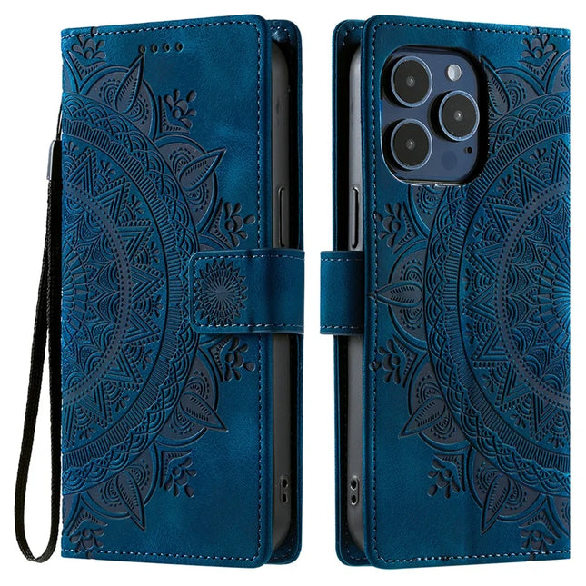 Style 018 For iPhone 13 Pro Max Case Imprinted Totem Skin Feel Wallet Leather Phone Cover - Blue