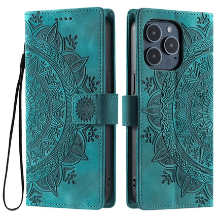 Style 018 For iPhone 13 Pro Max Case Imprinted Totem Skin Feel Wallet Leather Phone Cover - Mint Green