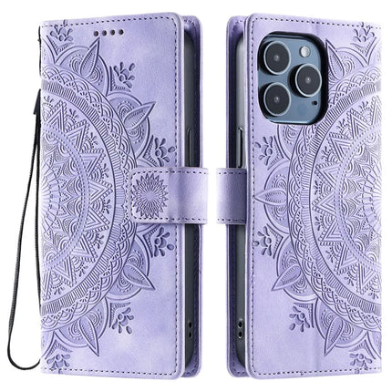 Style 018 For iPhone 13 Pro Max Case Imprinted Totem Skin Feel Wallet Leather Phone Cover - Purple