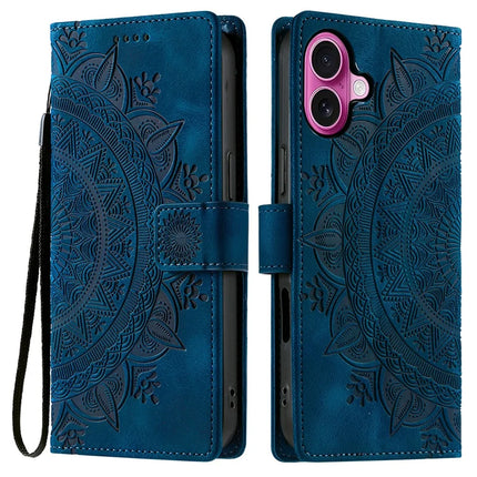 Style 018 For iPhone 16 Case Imprinted Totem Skin Feel Wallet Leather Phone Cover - Blue