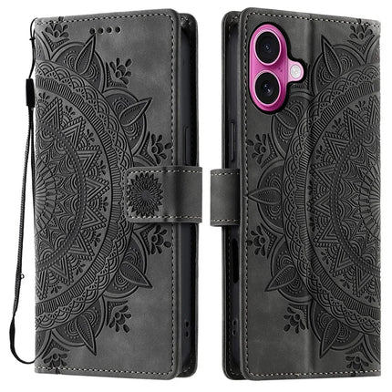 Style 018 For iPhone 16 Plus Case Imprinted Totem Skin Feel Wallet Leather Phone Cover - Grey