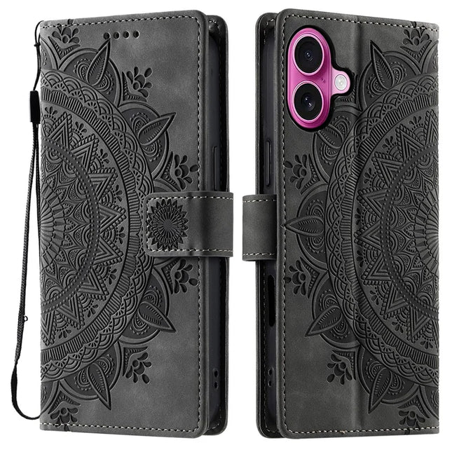 Style 018 For iPhone 16 Plus Case Imprinted Totem Skin Feel Wallet Leather Phone Cover - Grey