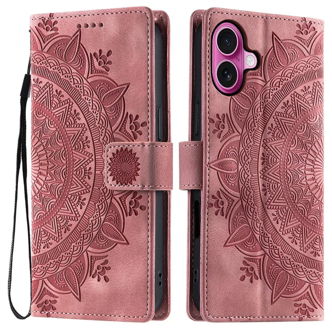 Style 018 For iPhone 16 Plus Case Imprinted Totem Skin Feel Wallet Leather Phone Cover - Rose Gold