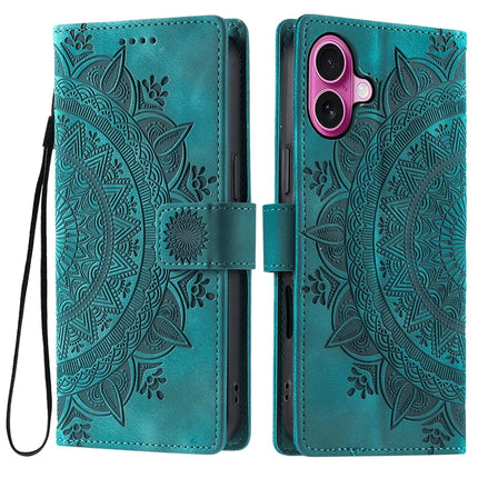 Style 018 For iPhone 16 Plus Case Imprinted Totem Skin Feel Wallet Leather Phone Cover - Mint Green