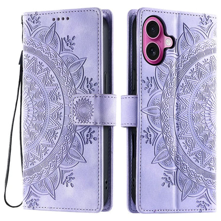 Style 018 For iPhone 16 Plus Case Imprinted Totem Skin Feel Wallet Leather Phone Cover - Purple