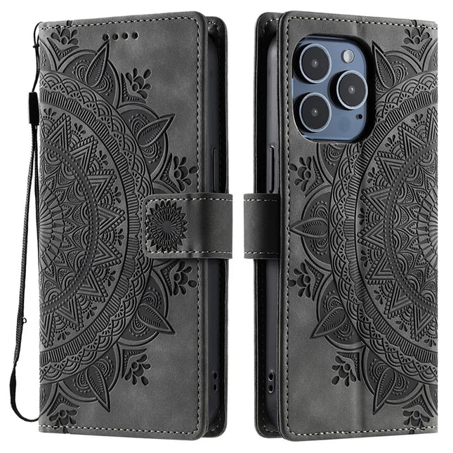 Style 018 For iPhone 16 Pro Max Case Imprinted Totem Skin Feel Wallet Leather Phone Cover - Grey
