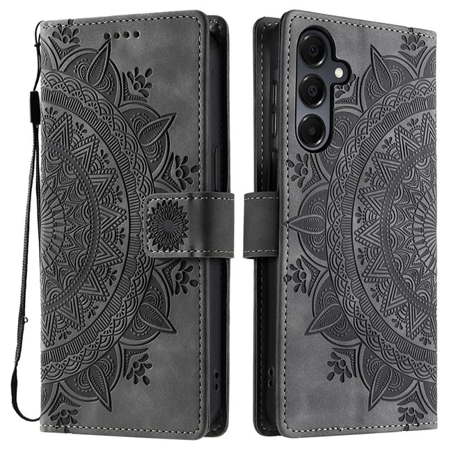 Style 018 For Samsung Galaxy S23 FE Case Imprinted Totem Skin Feel Wallet Leather Phone Cover - Grey