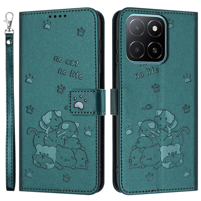 For Honor X5b / X5b Plus Case with Strap Cats Imprint Leather Wallet Phone Cover - Blackish Green