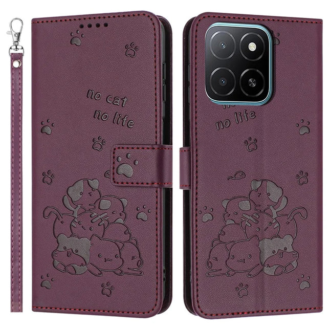 For Honor X5b / X5b Plus Case with Strap Cats Imprint Leather Wallet Phone Cover - Wine Red