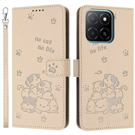 For Honor X5b / X5b Plus Case with Strap Cats Imprint Leather Wallet Phone Cover - Beige