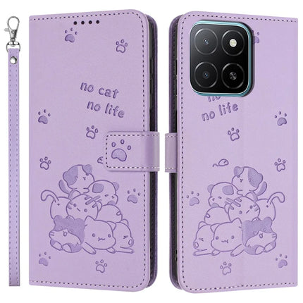 For Honor X5b / X5b Plus Case with Strap Cats Imprint Leather Wallet Phone Cover - Purple