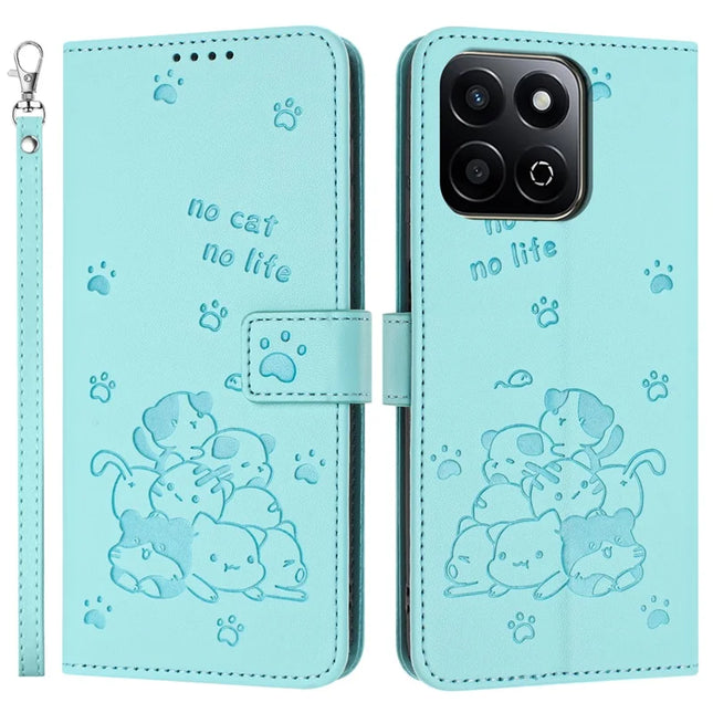 For Honor X7c 4G / Play 60 Plus 5G / 200 Smart 5G / Play 9T Case with Strap Cats Imprint Leather Wallet Phone Cover - Green