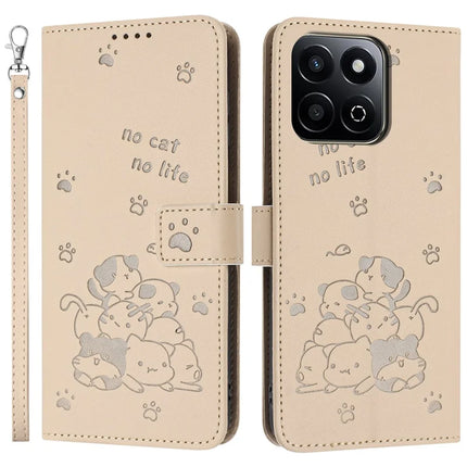 For Honor X7c 4G / Play 60 Plus 5G / 200 Smart 5G / Play 9T Case with Strap Cats Imprint Leather Wallet Phone Cover - Beige