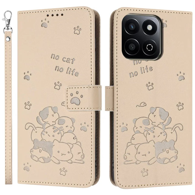 For Honor X7c 4G / Play 60 Plus 5G / 200 Smart 5G / Play 9T Case with Strap Cats Imprint Leather Wallet Phone Cover - Beige