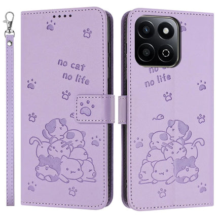 For Honor X7c 4G / Play 60 Plus 5G / 200 Smart 5G / Play 9T Case with Strap Cats Imprint Leather Wallet Phone Cover - Purple
