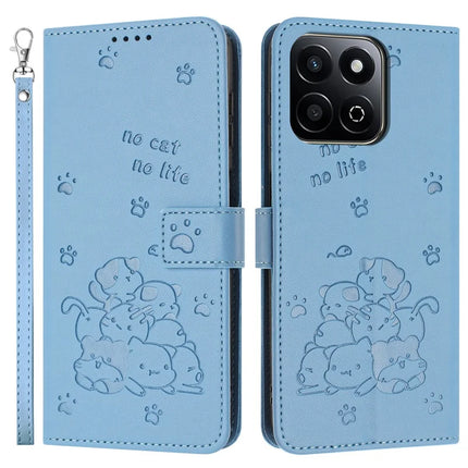 For Honor X7c 4G / Play 60 Plus 5G / 200 Smart 5G / Play 9T Case with Strap Cats Imprint Leather Wallet Phone Cover - Blue