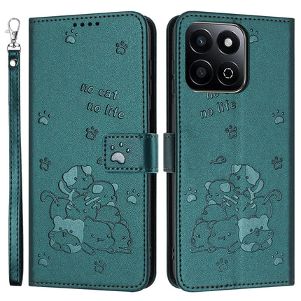 For Honor X7c 4G / Play 60 Plus 5G / 200 Smart 5G / Play 9T Case with Strap Cats Imprint Leather Wallet Phone Cover - Blackish Green