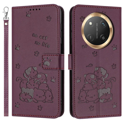 For Honor Magic7 Lite 5G / X9c 5G / X60 Pro 5G Case with Strap Cats Imprint Leather Wallet Phone Cover - Wine Red
