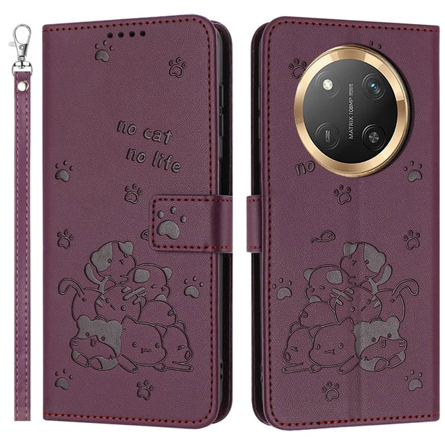 For Honor Magic7 Lite 5G / X9c 5G / X60 Pro 5G Case with Strap Cats Imprint Leather Wallet Phone Cover - Wine Red
