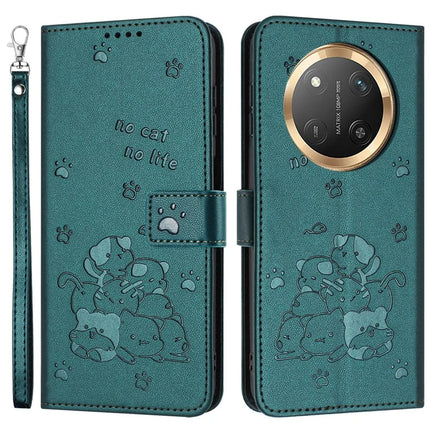 For Honor Magic7 Lite 5G / X9c 5G / X60 Pro 5G Case with Strap Cats Imprint Leather Wallet Phone Cover - Blackish Green