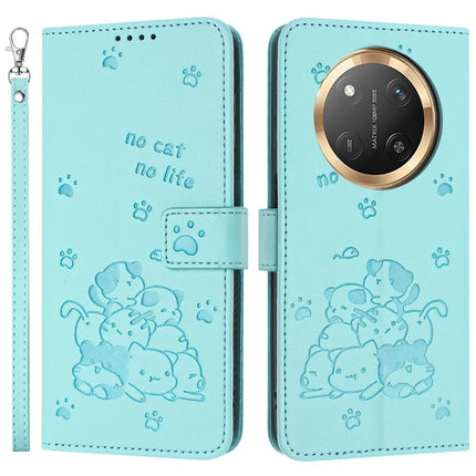 For Honor Magic7 Lite 5G / X9c 5G / X60 Pro 5G Case with Strap Cats Imprint Leather Wallet Phone Cover - Green