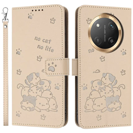 For Honor Magic7 Lite 5G / X9c 5G / X60 Pro 5G Case with Strap Cats Imprint Leather Wallet Phone Cover - Beige