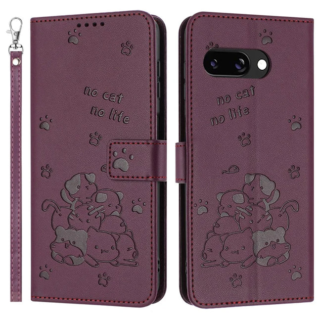 For Google Pixel 9a Case with Strap Cats Imprint Leather Wallet Phone Cover - Wine Red