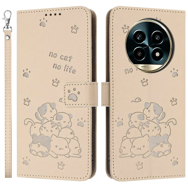 For Realme 13+ 5G / 13 Pro 5G (China) Case with Strap Cats Imprint Leather Wallet Phone Cover - Beige