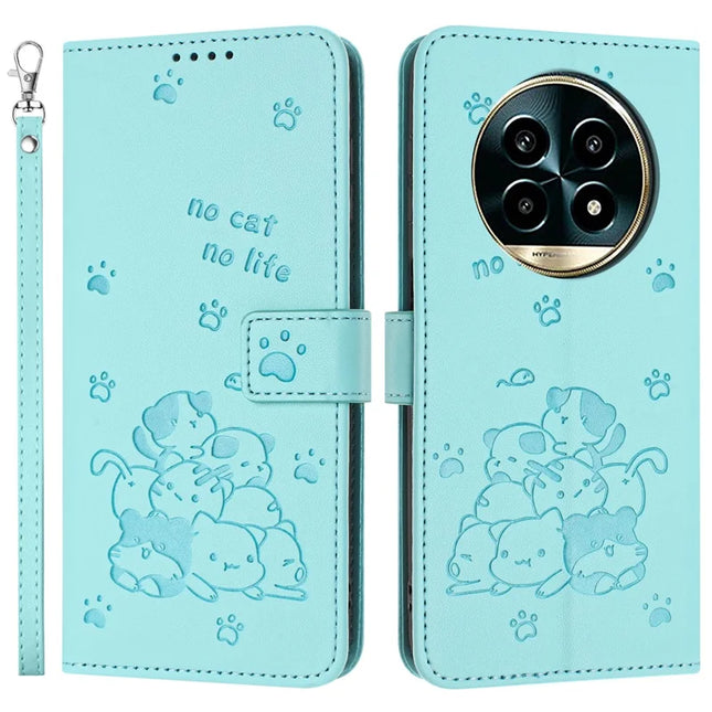 For Realme 13+ 5G / 13 Pro 5G (China) Case with Strap Cats Imprint Leather Wallet Phone Cover - Green