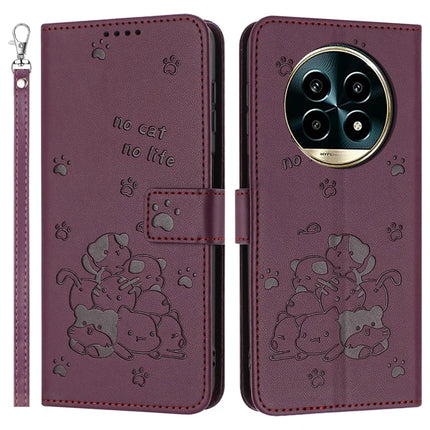 For Realme 13+ 5G / 13 Pro 5G (China) Case with Strap Cats Imprint Leather Wallet Phone Cover - Wine Red