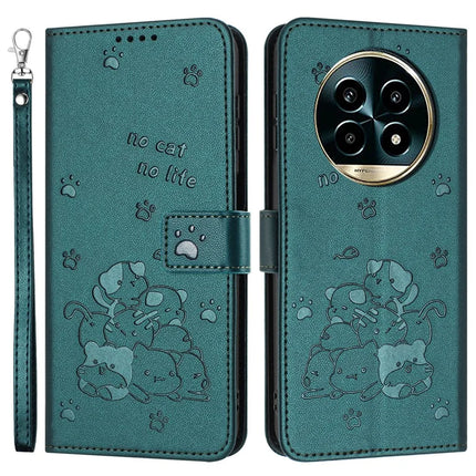 For Realme 13+ 5G / 13 Pro 5G (China) Case with Strap Cats Imprint Leather Wallet Phone Cover - Blackish Green