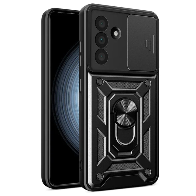 For Samsung Galaxy A56 5G Case with Slide Camera Lid PC+TPU Kickstand Phone Cover - Black