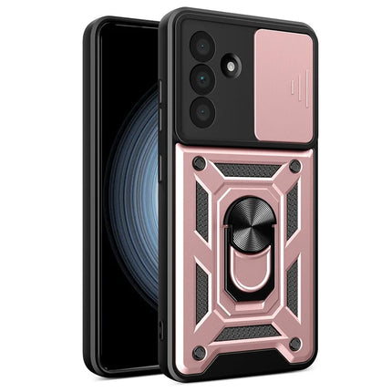 For Samsung Galaxy A56 5G Case with Slide Camera Lid PC+TPU Kickstand Phone Cover - Rose Gold