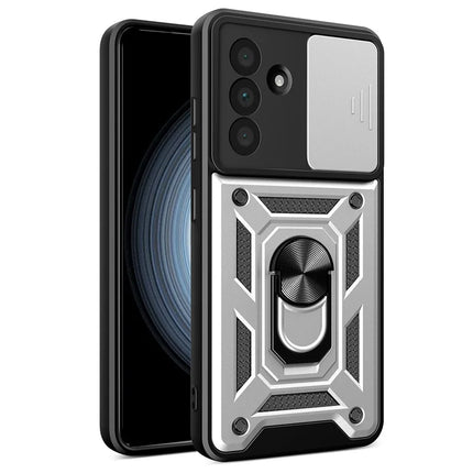 For Samsung Galaxy A56 5G Case with Slide Camera Lid PC+TPU Kickstand Phone Cover - Silver
