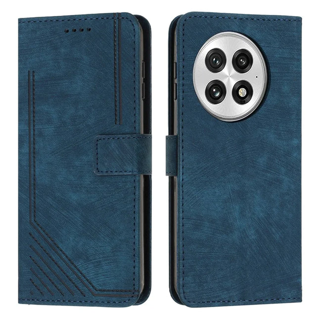 For OnePlus 13 Case Imprinted Lines Leather Phone Cover Folding Stand - Sapphire